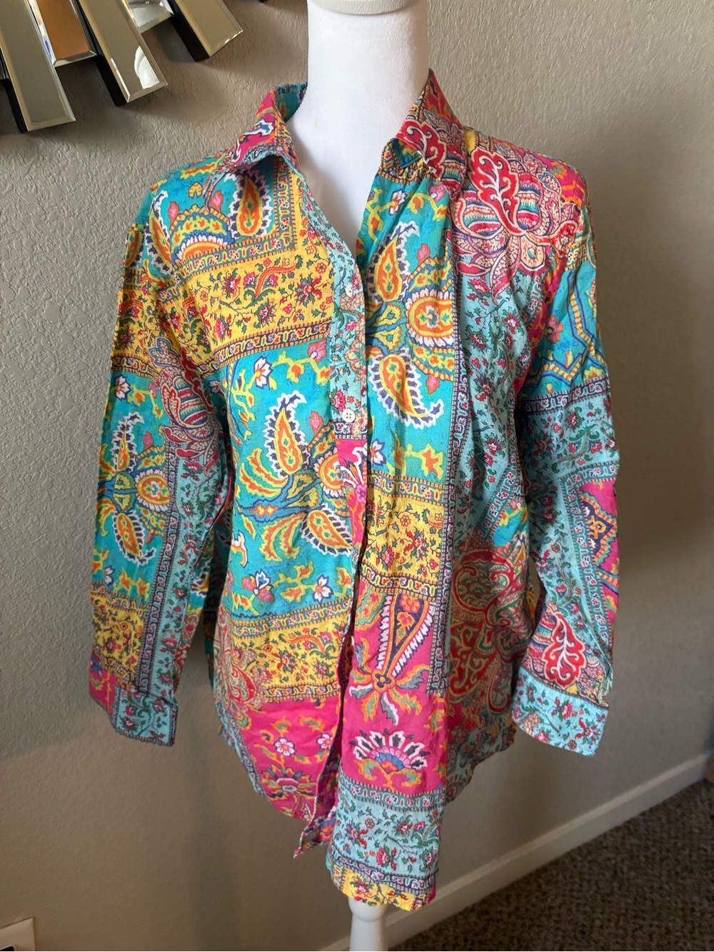 Lauren Ralph Lauren Turquoise Pink Yellow Paisley Button-Down Blouse